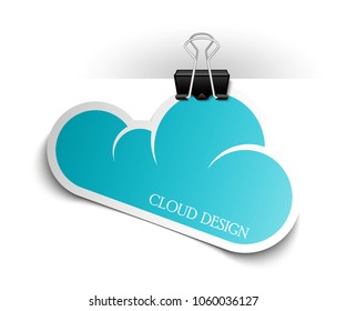 Clothes peg office cloud sticker banner shape. Clerical pin for cloud shape paper background. Office clip with paper cloud sticker poster. Clerical clerk with paper sheet sticker banner