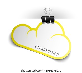 Clothes peg office cloud sticker banner shape. Clerical pin for cloud shape paper background. Office clip with paper cloud sticker poster. Clerical clerk with paper sheet sticker banner