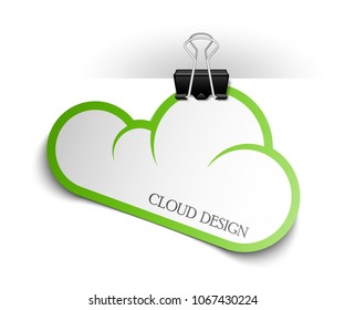 Clothes peg office cloud sticker banner shape. Clerical pin for cloud shape paper background. Office clip with paper cloud sticker poster. Clerical clerk with paper sheet sticker banner