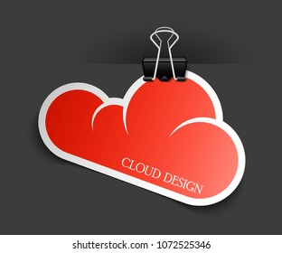 Clothes peg office cloud sticker banner shape. Clerical pin for cloud shape paper background. Office clip with paper cloud sticker poster. Clerical clerk with paper sheet sticker banner