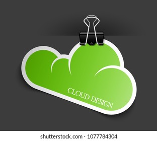 Clothes peg office cloud sticker banner shape. Clerical pin for cloud shape paper background. Office clip with paper cloud sticker poster. Clerical clerk with paper sheet sticker banner