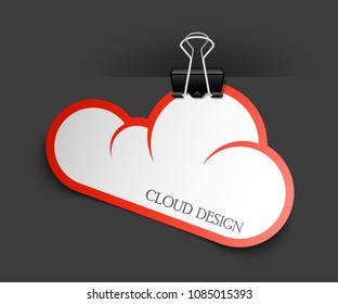 Clothes peg office cloud sticker banner shape. Clerical pin for cloud shape paper background. Office clip with paper cloud sticker poster. Clerical clerk with paper sheet sticker banner
