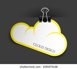 Clothes peg office cloud sticker banner shape. Clerical pin for cloud shape paper background. Office clip with paper cloud sticker poster. Clerical clerk with paper sheet sticker banner