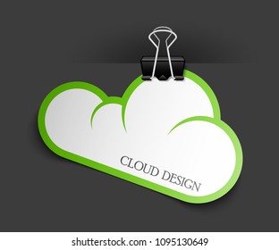 Clothes peg office cloud sticker banner shape. Clerical pin for cloud shape paper background. Office clip with paper cloud sticker poster. Clerical clerk with paper sheet sticker banner
