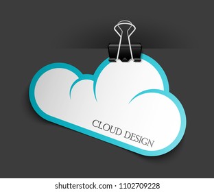 Clothes peg office cloud sticker banner shape. Clerical pin for cloud shape paper background. Office clip with paper cloud sticker poster. Clerical clerk with paper sheet sticker banner
