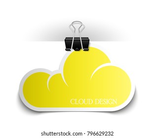 Clothes peg office cloud sticker banner shape. Clerical pin for cloud shape paper background. Office clip with paper cloud sticker poster. Clerical clerk with paper sheet sticker banner