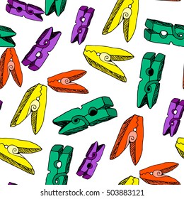 Clothes peg pin cartoon repeat pattern vector on white background colorful pop style hand drawn doodle flat colors yellow, green, purple and orange for household laundry washing topic