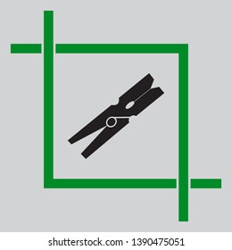 Clothes peg sign. Black icon inside green crop tool at light gray background