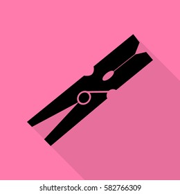 Clothes peg sign. Black icon with flat style shadow path on pink background.