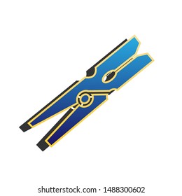 Clothes peg sign. Blue icon with gold contour with dark gray shadow at white background. Illustration.
