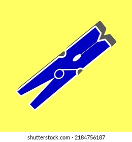 Clothes peg sign. Blue Icon with white stroke in 3d at yellow Background. Illustration.