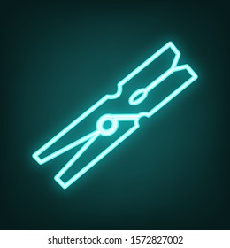 Clothes peg sign. Cyan neon icon in the dark. Bluring. Luminescence. Illustration.