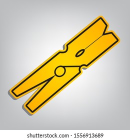 Clothes peg sign. Flat orange icon with overlapping linear black icon with gray shadow at whitish background. Illustration.