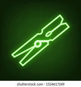 Clothes peg sign. Green neon icon in the dark. Blurred lightening. Illustration.