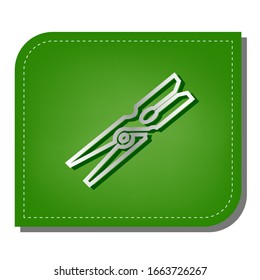 Clothes peg sign. Silver gradient line icon with dark green shadow at ecological patched green leaf. Illustration.