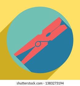 Clothes peg sign. Sunset orange icon with llapis lazuli shadow inside medium aquamarine circle with different goldenrod shadow at royal yellow background.