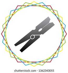 Clothes peg sign. Vector. Black icon with patch of light inside colorful hexagonal frames at white background.