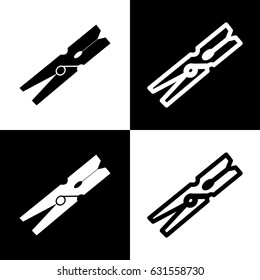 Clothes peg sign. Vector. Black and white icons and line icon on chess board.