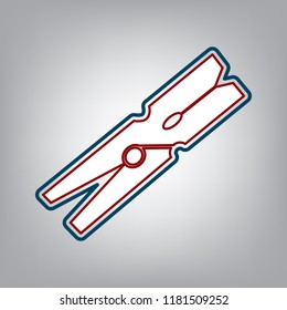 Clothes peg sign. Vector. Dark red, transparent and midnight green stroke of white icon at grayish background.