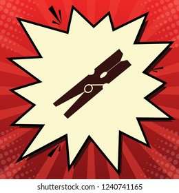 Clothes peg sign. Vector. Dark red icon in lemon chiffon shutter bubble at red popart background with rays.