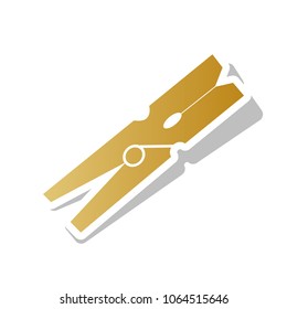 Clothes peg sign. Vector. Golden gradient icon with white contour and rotated gray shadow at white background.