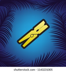 Clothes peg sign. Vector. Golden icon with black contour at blue background with branches of palm trees.