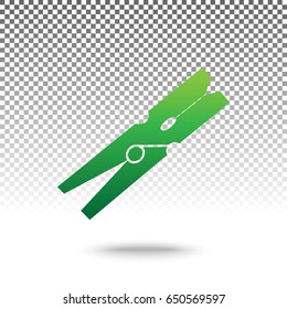 Clothes peg sign. Vector. Green gradient icon with shadow at bottom on transparent and white background.