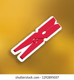 Clothes peg sign. Vector. Magenta icon with darker shadow, white sticker and black popart shadow on golden background.