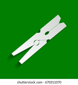 Clothes peg sign. Vector. Paper whitish icon with soft shadow on green background.