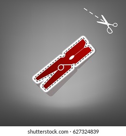 Clothes peg sign. Vector. Red icon with for applique from paper with shadow on gray background with scissors.