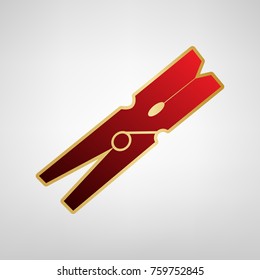 Clothes peg sign. Vector. Red icon on gold sticker at light gray background.