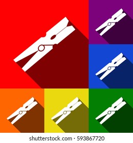 Clothes peg sign. Vector. Set of icons with flat shadows at red, orange, yellow, green, blue and violet background.