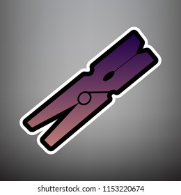 Clothes peg sign. Vector. Violet gradient icon with black and white linear edges at gray background.