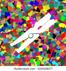 Clothes peg sign. Vector. White icon on colorful background with seamless pattern from squares.