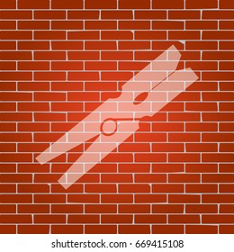 Clothes peg sign. Vector. Whitish icon on brick wall as background.