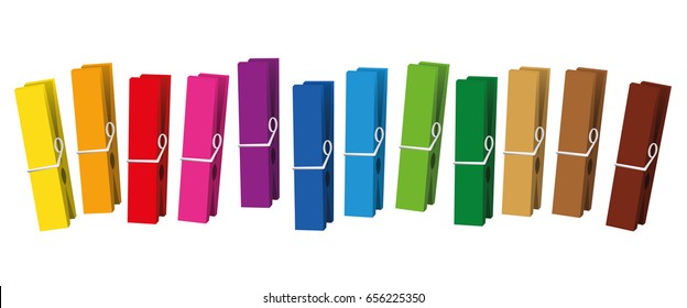 Clothes pegs - colored clothespins collection loosely arranged - isolated vector on white background.