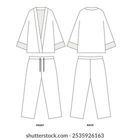 clothes for people. Vector drawing of loose shirt and loose pants, front and back view. Outline sketch of leisure suit made of pants and cape. Template of kimono costume on white background.