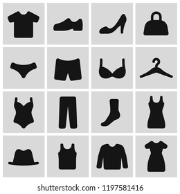 Clothes pictogram set, simple black icons collection, male and female clothes, shoes, bag, hat and hanger symbols, vector illustration