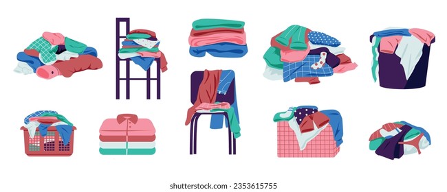 Clothes in piles and stacks. Dirty laundry bundle, messy stacks of clothes, chore of washing and drying. Vector messy laundry illustration. Household chores, baskets and chairs with clothing