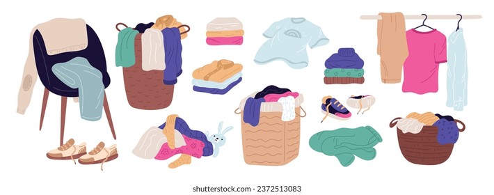 Clothes in piles and stacks. Laundry baskets with t-shirts, panties and blouses. Cartoon casual wear. Domestic preparation for washing. Jeans and coats in wardrobe