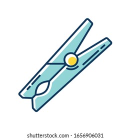 Clothes pin blue and yellow RGB color icon. Wooden clothespin, household clothing clamp, clean garment drying tool. Domestic washing attribute, laundry item. Isolated vector illustration