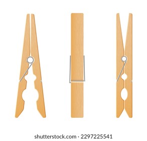 Clothes pin set. Realistic wooden peg for housework and laundry. Wooden clips for clothes to line. Vector illustration of clothespin