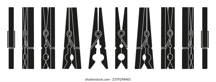 Clothes pin silhouettes. Line wooden pins holding cloth, laundry fastener tool flat style. Vector isolated collection of clothespin and clothesline illustration