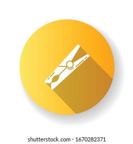 Clothes pin yellow flat design long shadow glyph icon. Wooden clothespin, household clothing clamp, clean garment drying tool. Washing attribute, laundry item. Silhouette RGB color illustration