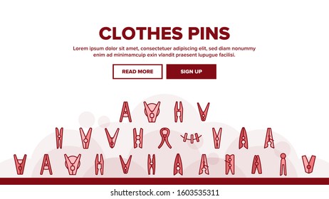 Clothes Pins Fasteners Landing Web Page Header Banner Template Vector. Wooden And Plastic Clothes Pins Housework Equipment, Clothespins On Cable Rope Illustration