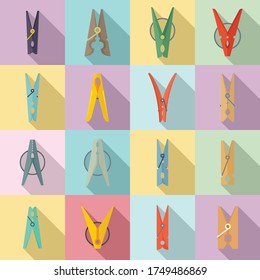 Clothes pins icons set. Flat set of clothes pins vector icons for web design