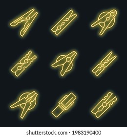 Clothes pins icons set. Outline set of clothes pins vector icons neon color on black