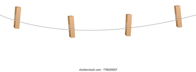 Clothes pins on a clothes line rope  - four wooden pegs holding nothing.