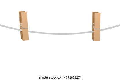 Clothes pins on a clothes line rope  - two wooden pegs holding nothing - isolated vector illustration on white background.