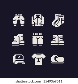 Clothes pixel art icons set, sports cap and shirt, shorts, socks, jacket, boots. Isolated vector illustration. Game assets 8-bit sprite. Design for stickers, web, mobile app.